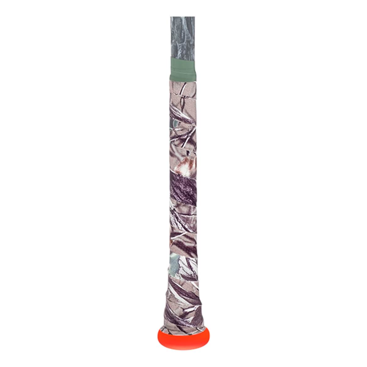 Close-up of a baseball bat handle with a camouflage grip, an orange knob, and a light green band.