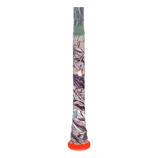 Close-up of a baseball bat handle with a camouflage grip, an orange knob, and a light green band.