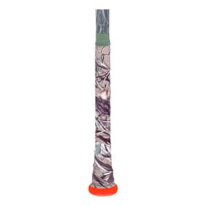 Close-up of a baseball bat handle with a camouflage grip, an orange knob, and a light green band.