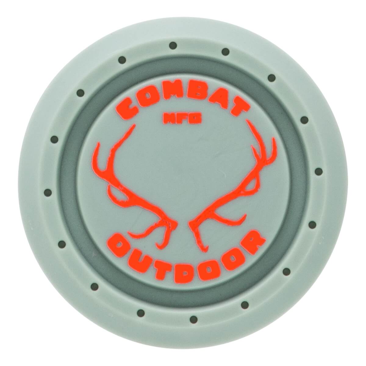 Top-down view of a sage green bat end cap with an orange antler logo and COMBAT MFG OUTDOOR text.