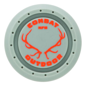 Top-down view of a sage green bat end cap with an orange antler logo and COMBAT MFG OUTDOOR text.