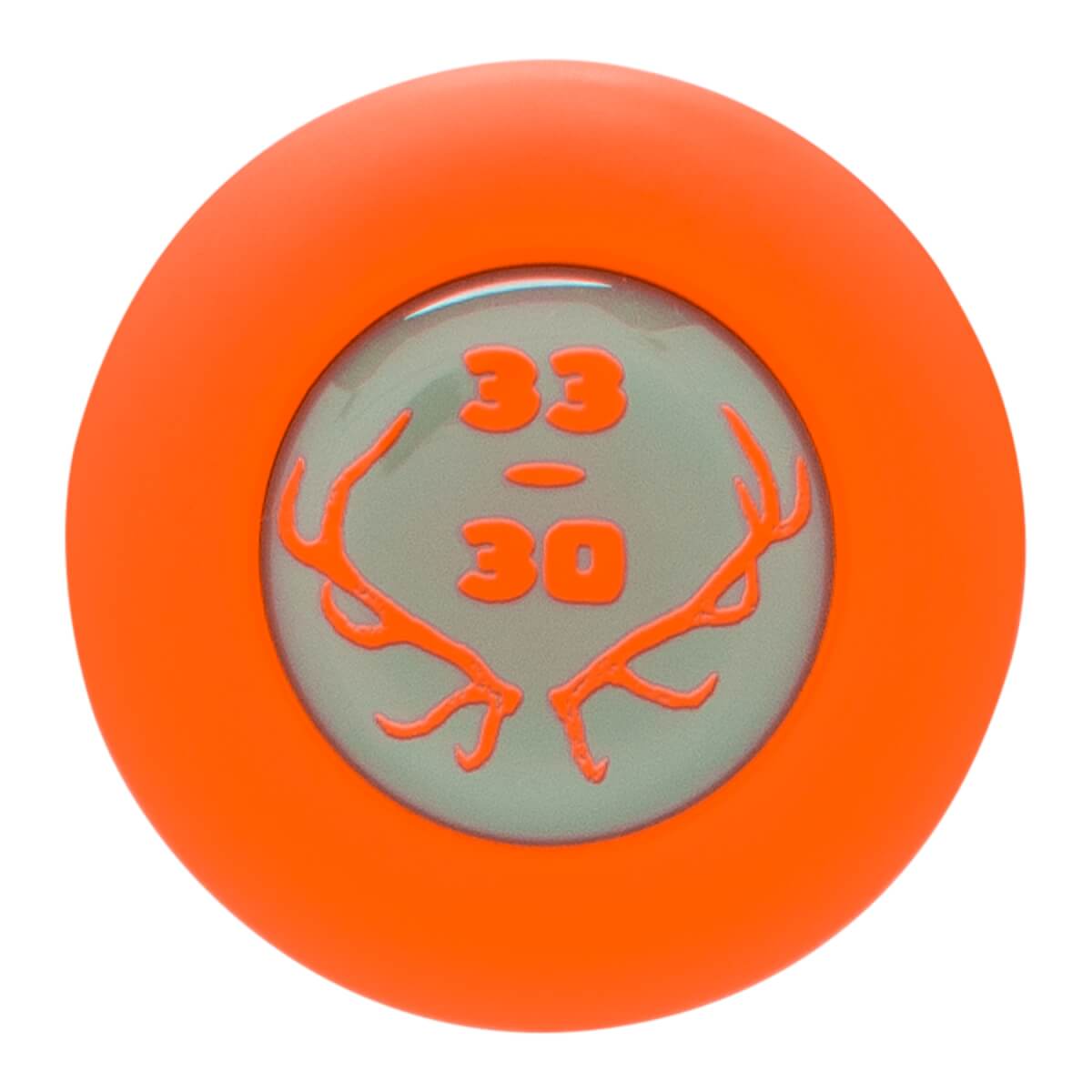 Top-down view of an orange baseball bat end cap with a light gray center featuring orange 33 - 30 numbers and antler graphics.