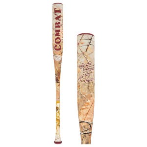 Side view of a camouflage baseball bat with COMBAT and OUTDOOR branding. A close-up shows the barrel with Be the Hunter not the Hunted.