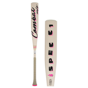 Front view of a beige Combat bat with pink lettering that says "Combat" and "SPEC C1", and "-10" marking.