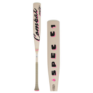 Front view of a beige baseball bat with pink and black "Combat" lettering and "SPEC E1" text.