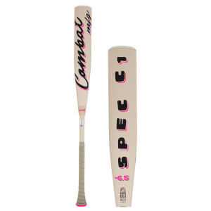 Side view of a beige baseball bat with black and pink "Combat" lettering, a grey grip, and "SPEC E1" and "-6.5" markings.