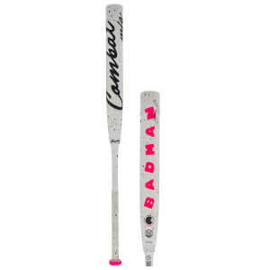 Front view of a white baseball bat with black speckles, "Combat" in black script, and a pink knob.