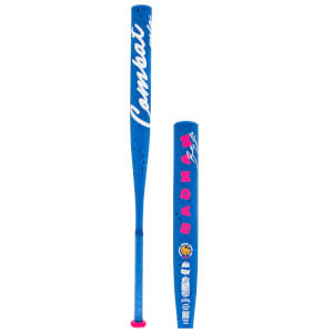 Front view of a blue baseball bat with black speckles, white "Combat" text, and a pink knob.