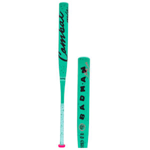 Side view of a teal baseball bat with black speckles, featuring "BADMAN" in large black letters and "JONES" in pink.