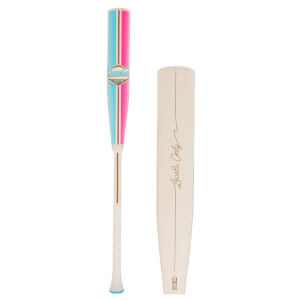 Side view of a baseball bat with pink and blue stripes and a "Locals Only" inscription on its matching barrel.