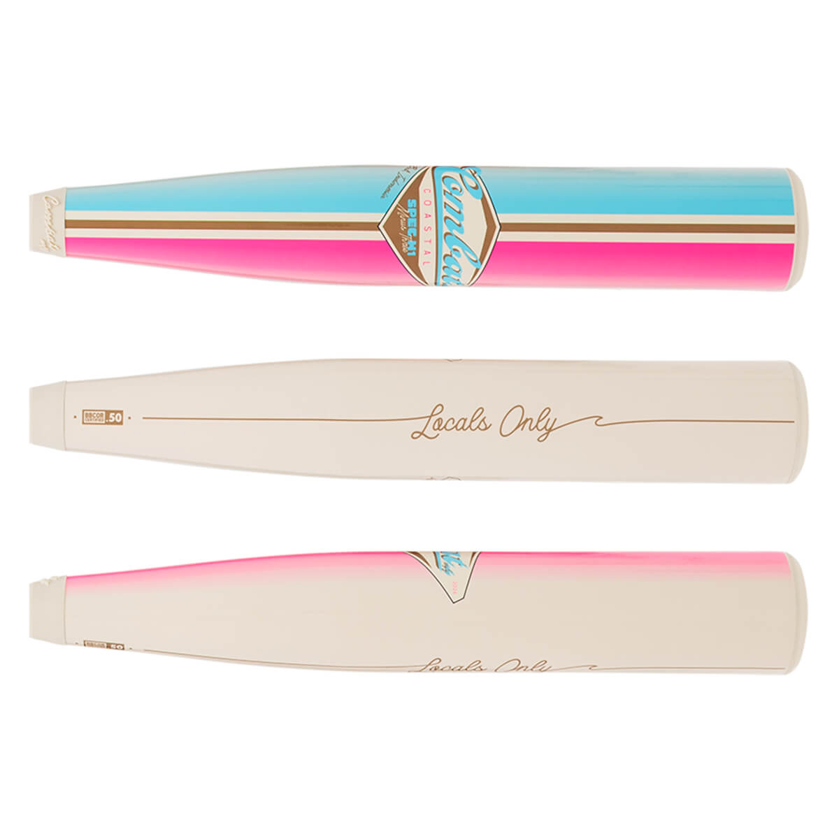 Top view of a baseball bat with blue, pink, and brown stripes and "Combat" logo.
