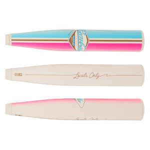 Top view of a baseball bat with blue, pink, and brown stripes and "Combat" logo.