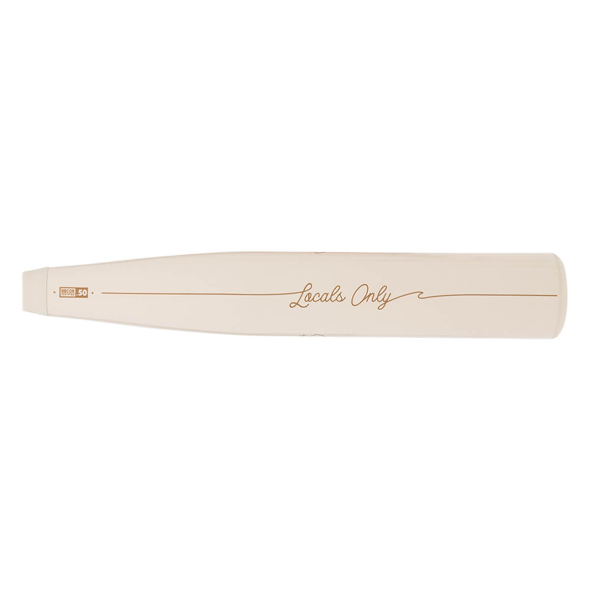 Side view of a cream-colored baseball bat with "Locals Only" and "BBCOR 50" text.