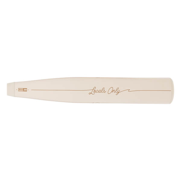 Side view of a cream-colored baseball bat with "Locals Only" and "BBCOR 50" text.