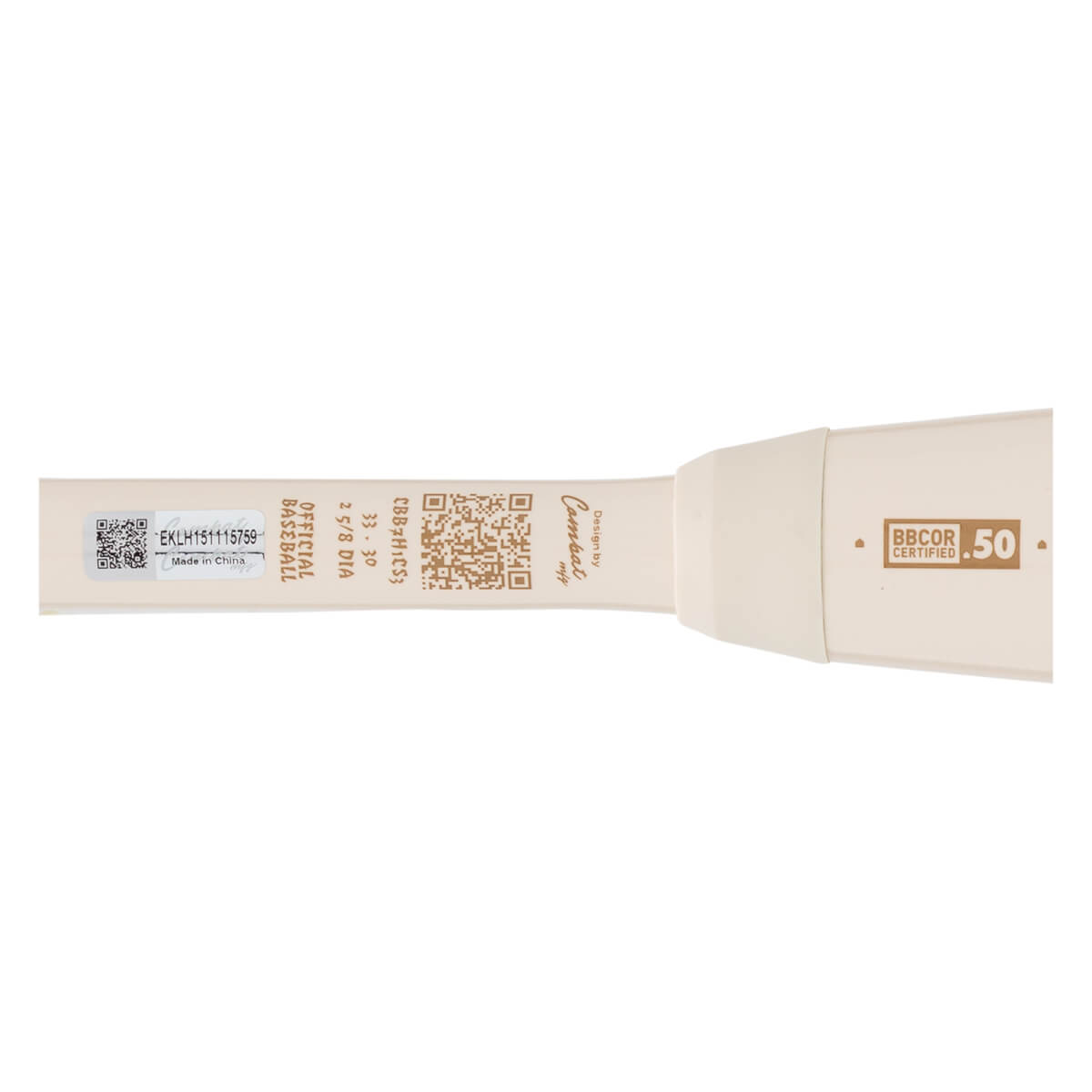 Side view of a white baseball bat showing "Combat" logo, "BBCOR CERTIFIED .50", and product details.