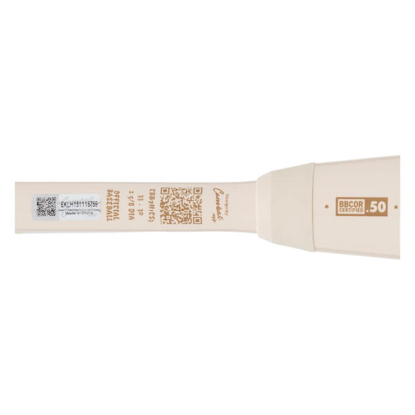 Side view of a white baseball bat showing "Combat" logo, "BBCOR CERTIFIED .50", and product details.