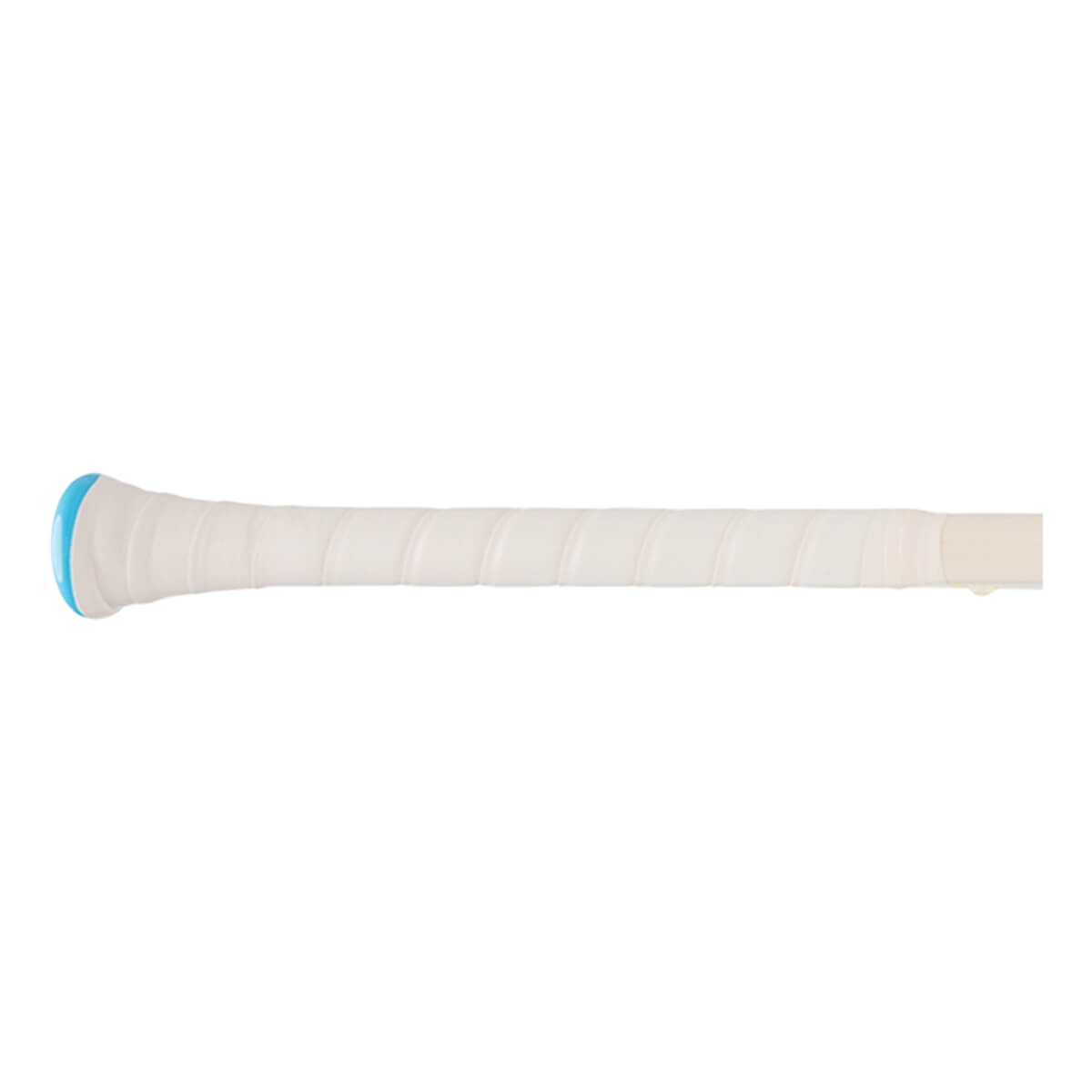 Side view of a baseball bat with a white grip and a blue end cap.
