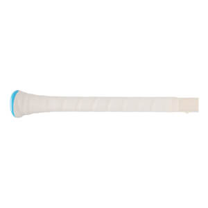 Side view of a baseball bat with a white grip and a blue end cap.