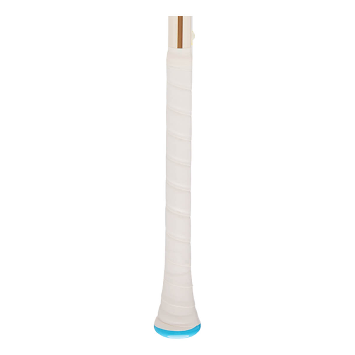 Close-up of the COMBAT MFG H1 baseball bat handle with white grip tape and a blue end cap.