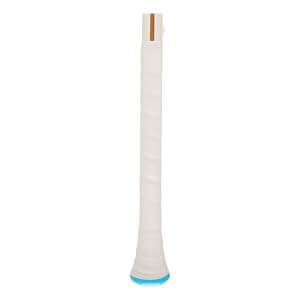 Close-up of the COMBAT MFG H1 baseball bat handle with white grip tape and a blue end cap.