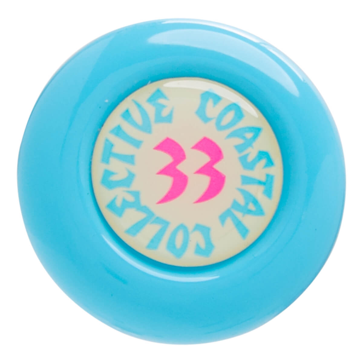 Bottom view of the baseball bat end cap showing "COASTAL" and "33" in pink.