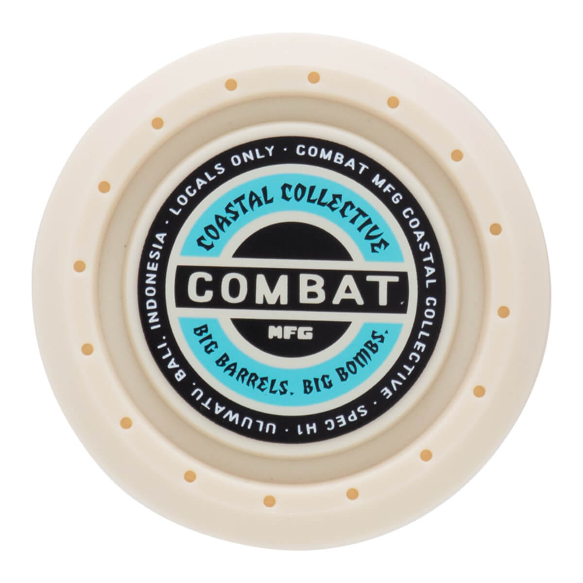 Top-down view of the COMBAT MFG H1 baseball bat end cap, showing "COMBAT", "COASTAL COLLECTIVE", and "BIG BARRELS BIG BOMBS".