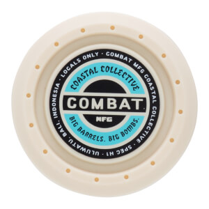 Top-down view of the COMBAT MFG H1 baseball bat end cap, showing "COMBAT", "COASTAL COLLECTIVE", and "BIG BARRELS BIG BOMBS".