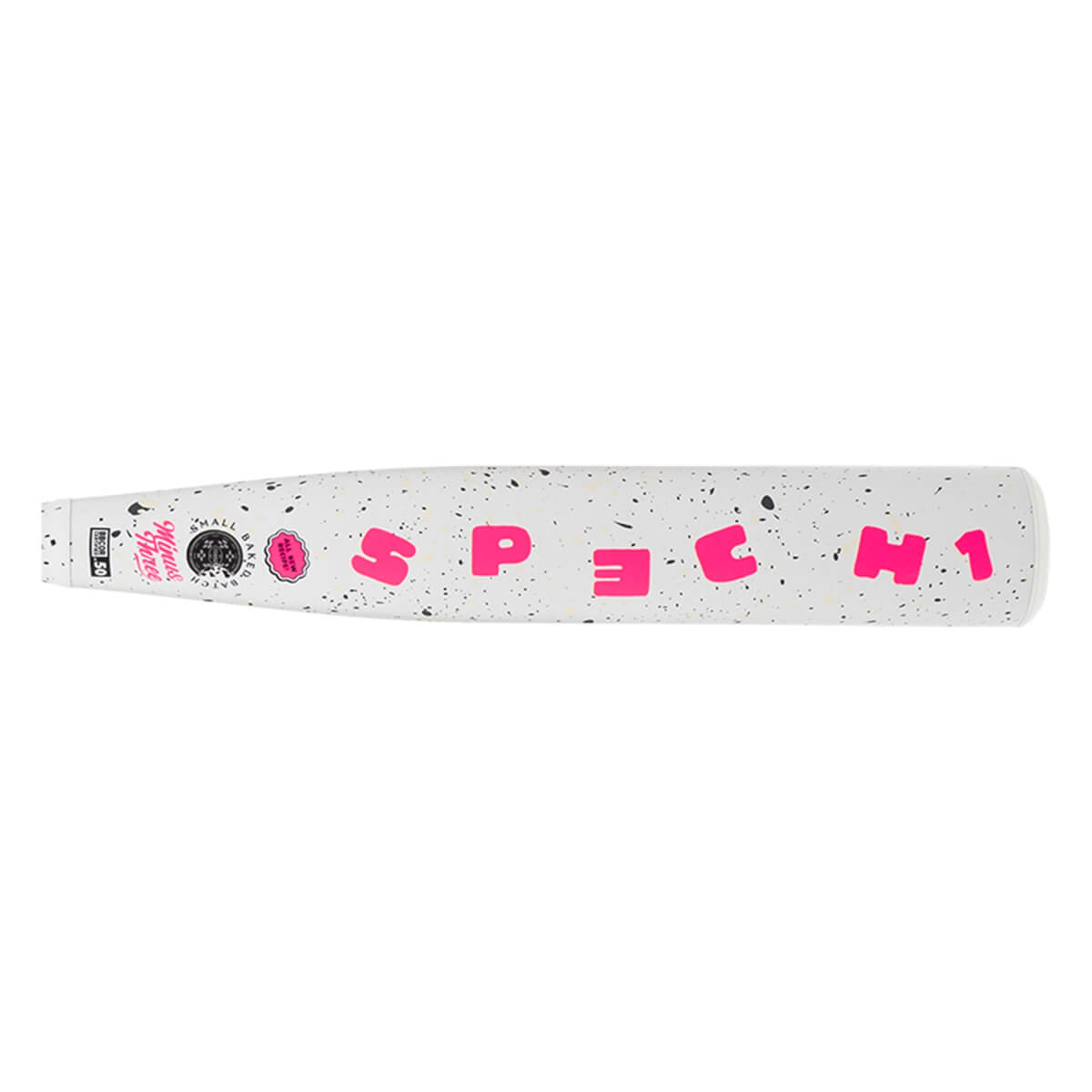 Top-down view of a white baseball bat with pink speckled speckles and bold pink "SPECH1" lettering.
