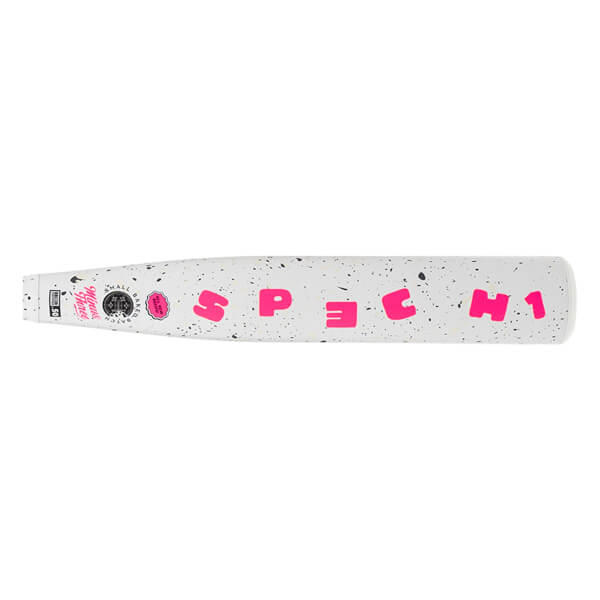 Top-down view of a white baseball bat with pink speckled speckles and bold pink "SPECH1" lettering.