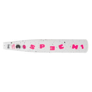 Top-down view of a white baseball bat with pink speckled speckles and bold pink "SPECH1" lettering.