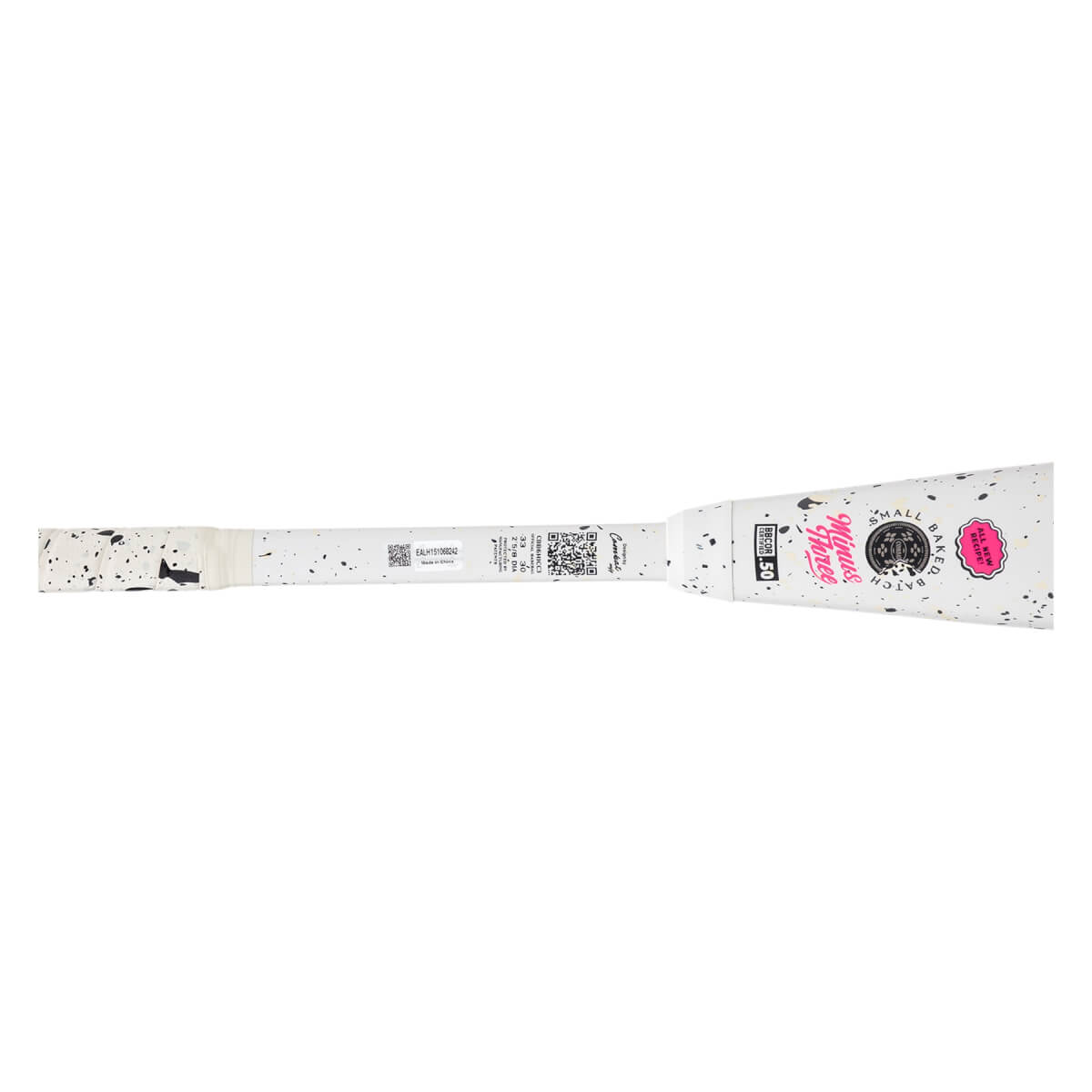 Side view of a white baseball bat with black splatter, showing the "Cookies N Cream" logo, "ALL NEW" text, and "BBCOR .50" label.
