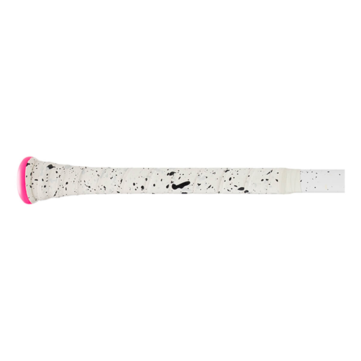 Side view of COMBAT MFG H1 Cookies N Cream baseball bat handle showing white grip with black speckles and a pink end cap.