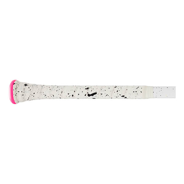 Side view of COMBAT MFG H1 Cookies N Cream baseball bat handle showing white grip with black speckles and a pink end cap.