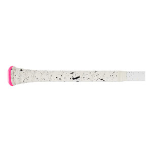 Side view of COMBAT MFG H1 Cookies N Cream baseball bat handle showing white grip with black speckles and a pink end cap.