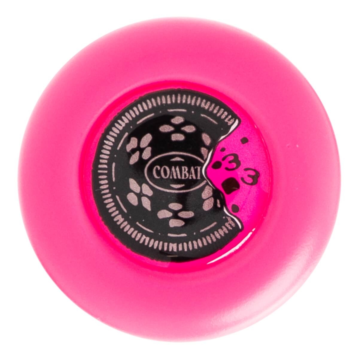 Top-down view of the pink bat end cap featuring a "Cookies N Cream" design with "COMBAT" text and "33" markings.