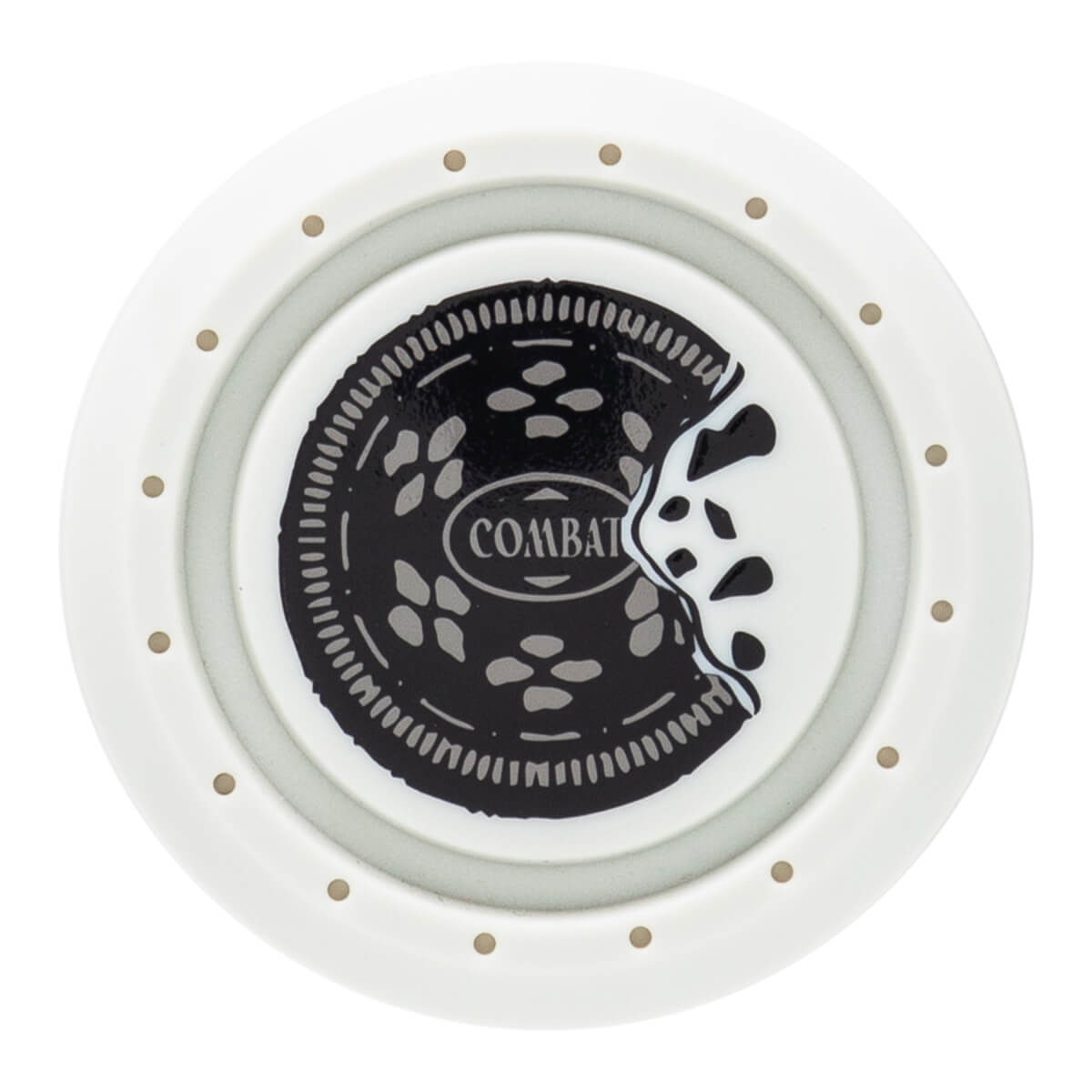 Top-down view of the Combat baseball bat end cap featuring a Cookies N Cream design with the word "COMBAT" visible.