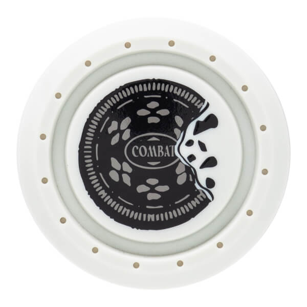 Top-down view of the Combat baseball bat end cap featuring a Cookies N Cream design with the word "COMBAT" visible.