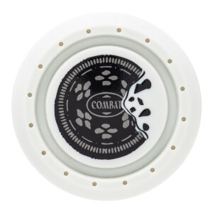 Top-down view of the Combat baseball bat end cap featuring a Cookies N Cream design with the word "COMBAT" visible.