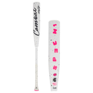 Side view of the white baseball bat with black speckles, showing "Combat mfg" and pink "H1" text.