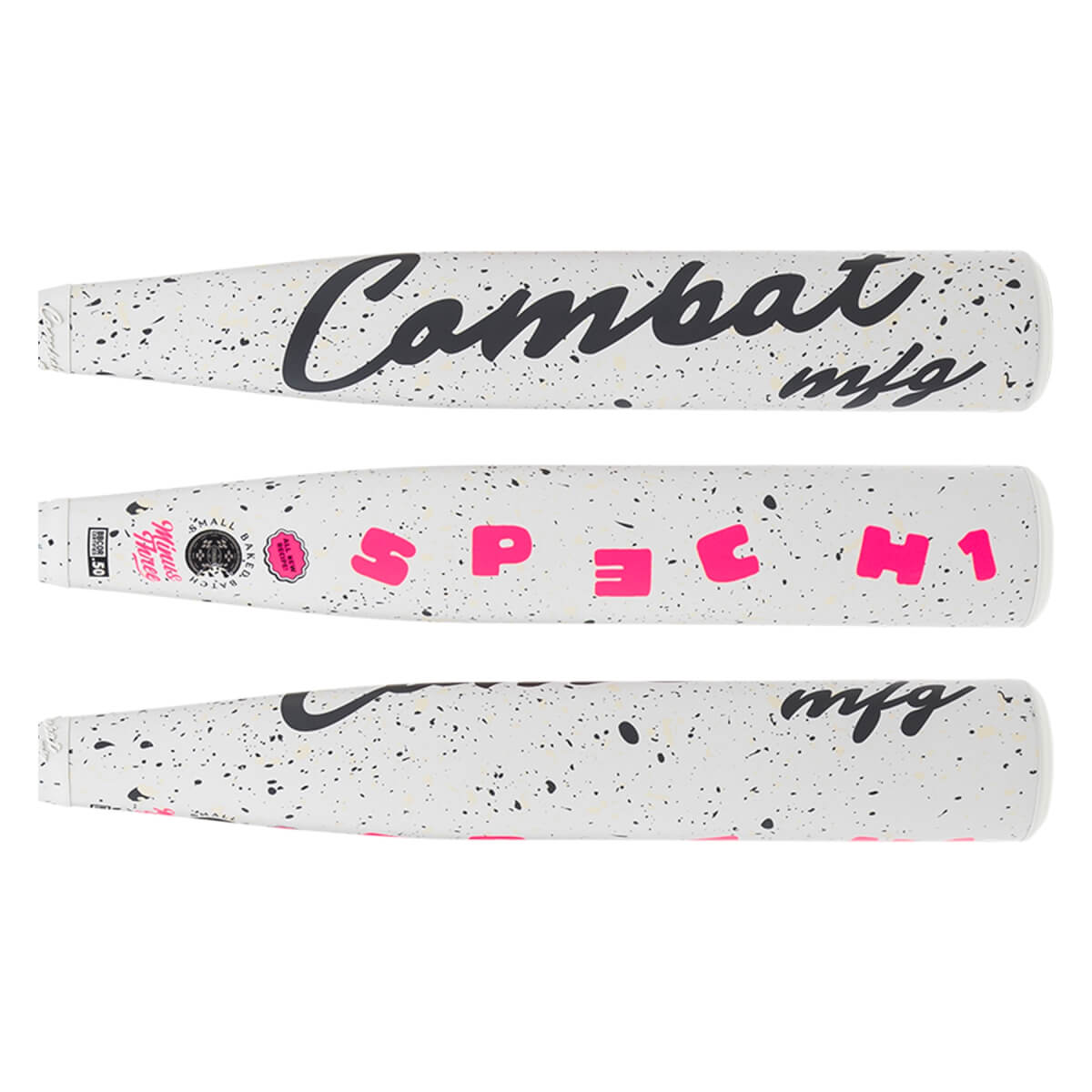 Top-down view of the COMBAT H1 baseball bat showing the "Combat mfg" logo and "SPEC H1" in pink lettering.