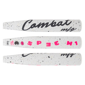 Top-down view of the COMBAT H1 baseball bat showing the "Combat mfg" logo and "SPEC H1" in pink lettering.