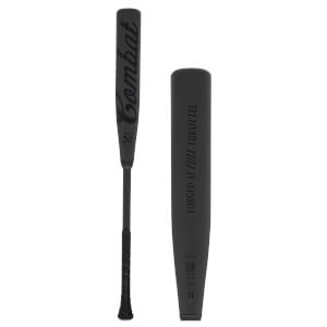 Front view of a black baseball bat with "Combat" logo, and side view of a black bat with "FORGED AT FULL THROTTLE" text.