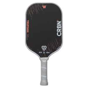 Front view of a black and gray pickleball paddle with TRUFOAM and CRBN³ text, reddish accents, and a CRBN grip.