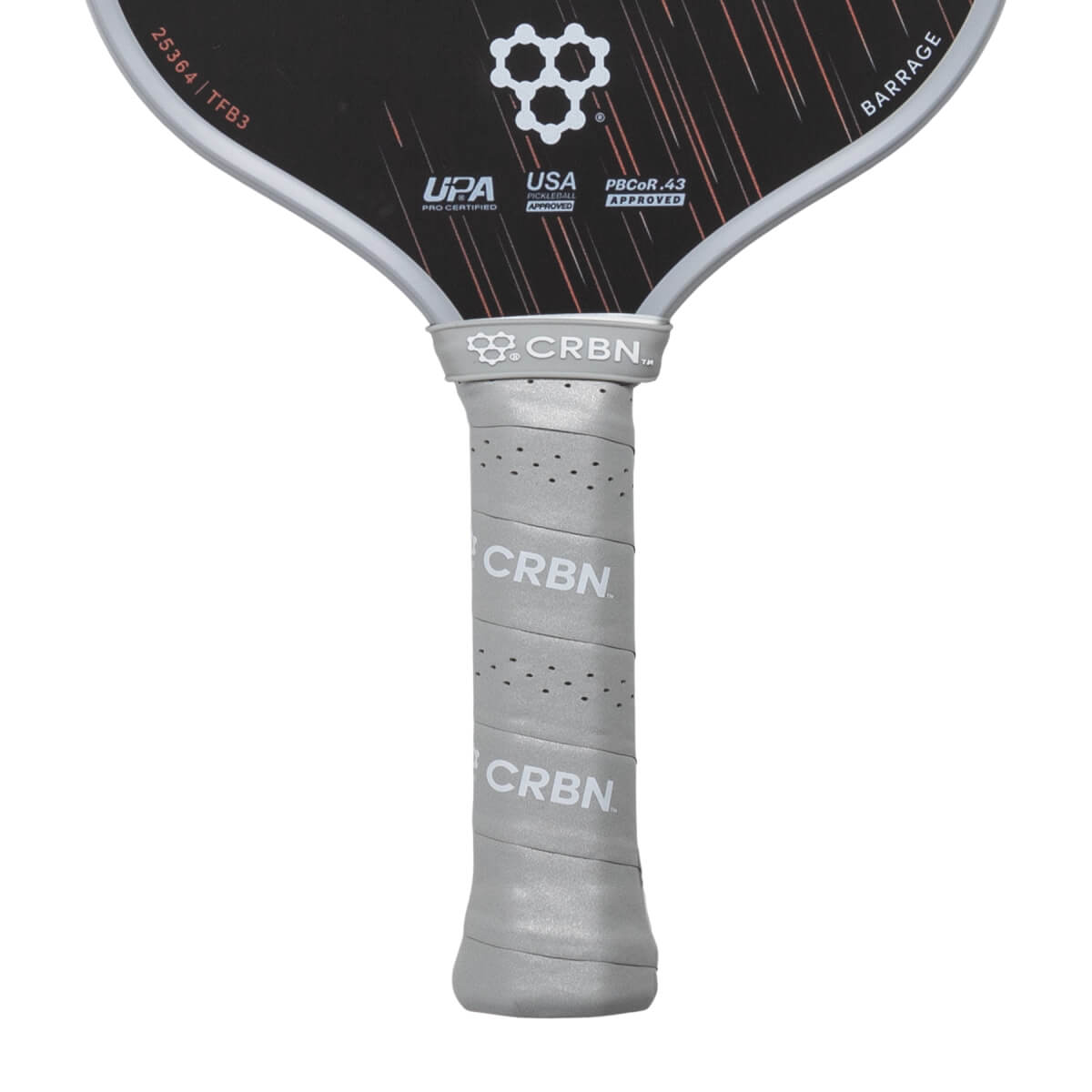 Close-up of a black and grey pickleball paddle with a perforated grey grip and CRBN and BARRAGE text.