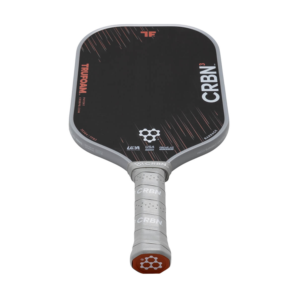 Angled front view of a black and grey pickleball paddle with a red streaky design, CRBN³ text, and a light grey grip.