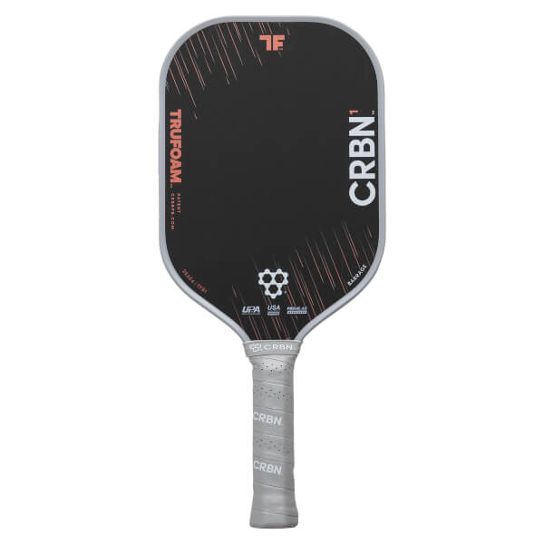 Front view of a black pickleball paddle with red diagonal lines, CRBN¹ branding, and a light gray textured grip.