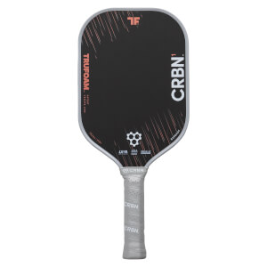 Front view of a black pickleball paddle with red diagonal lines, CRBN¹ branding, and a light gray textured grip.