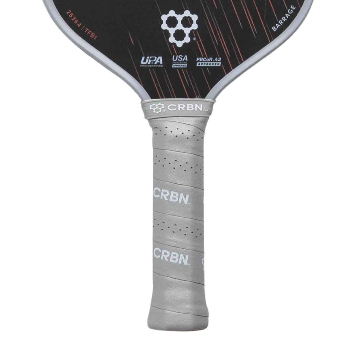 Close-up of a light gray perforated pickleball paddle handle with CRBN branding, connected to a black Barrage paddle face.