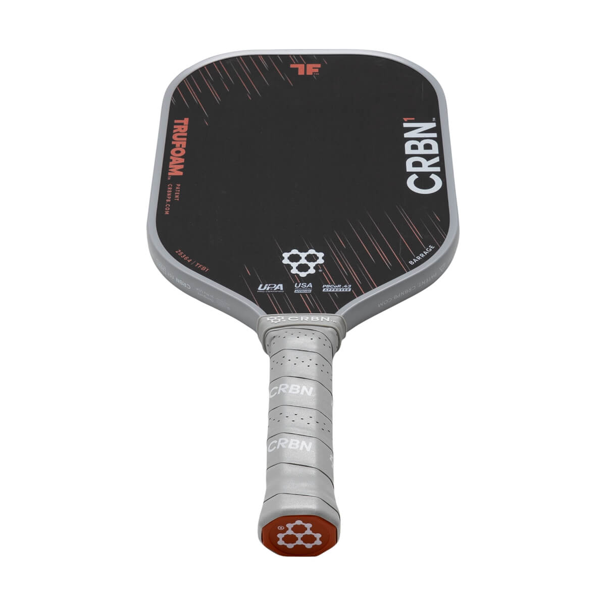Angled front view of a black CRBN¹ pickleball paddle with red accents, TRUFOAM text, and a gray textured grip.