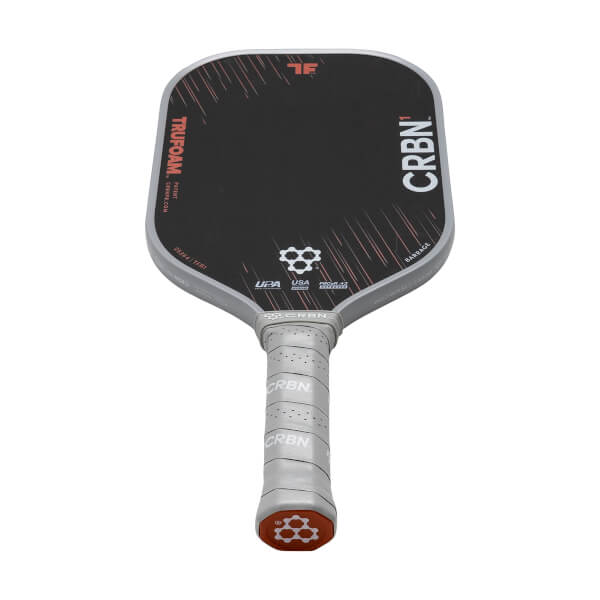 Angled front view of a black CRBN¹ pickleball paddle with red accents, TRUFOAM text, and a gray textured grip.